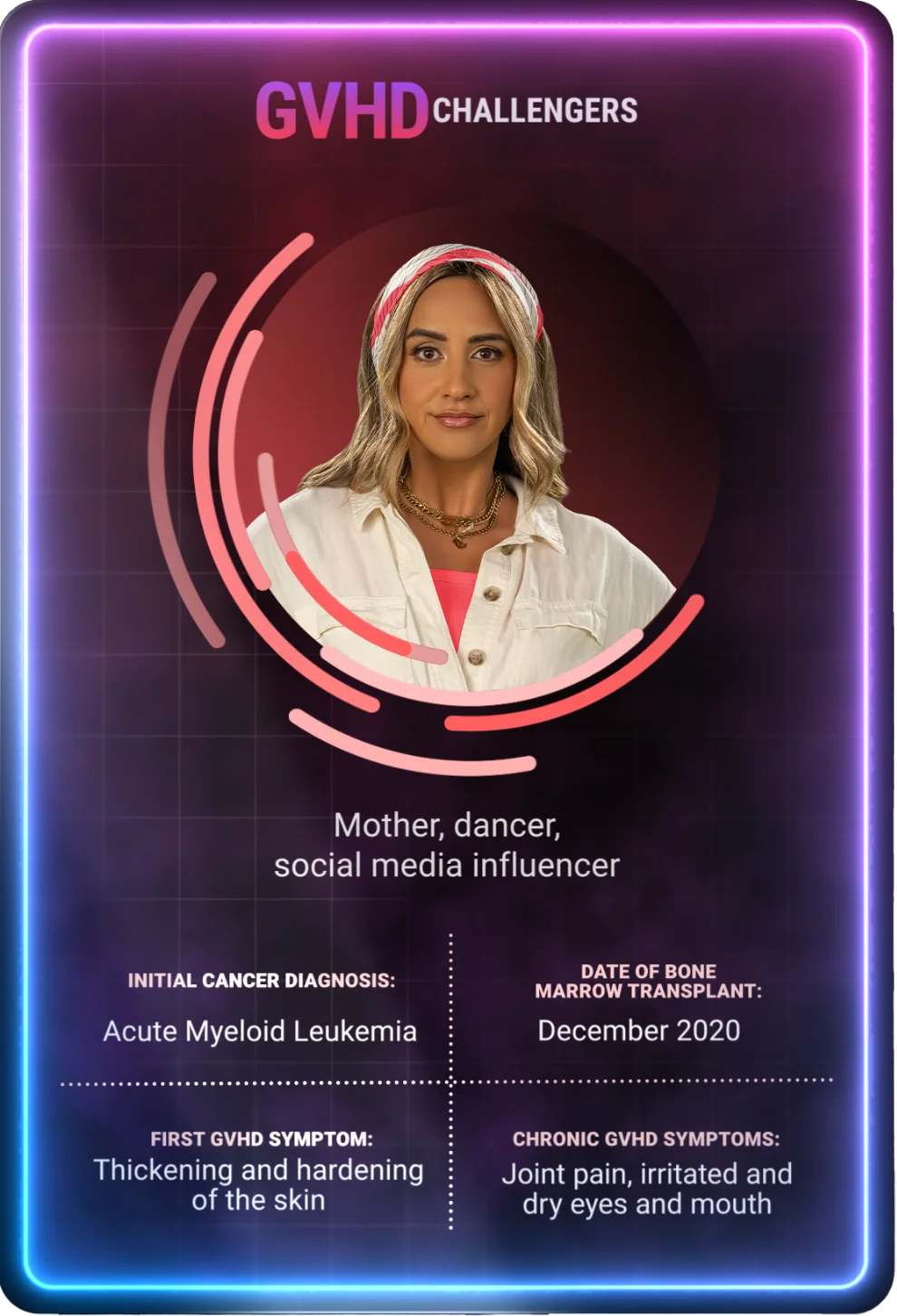 Back of a coral playing card labeled "GVHD Challengers" shows a young woman in a white jumpsuit smiling at the camera.