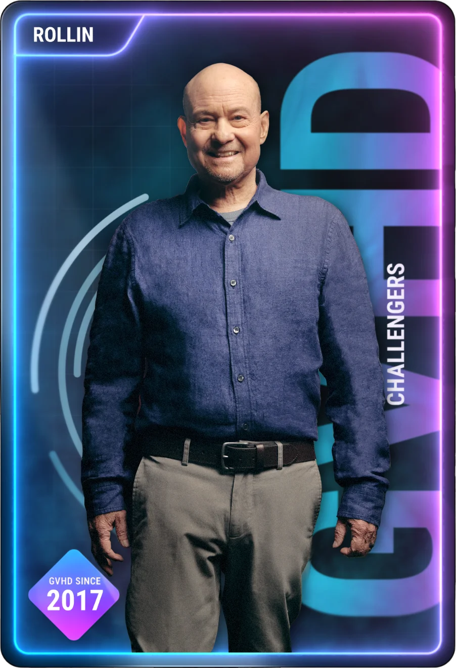 Teal trading card features an older man in a blue button-down shirt smiling at the camera.