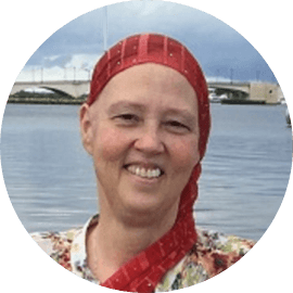 image of patient Barbara in a red head scarf