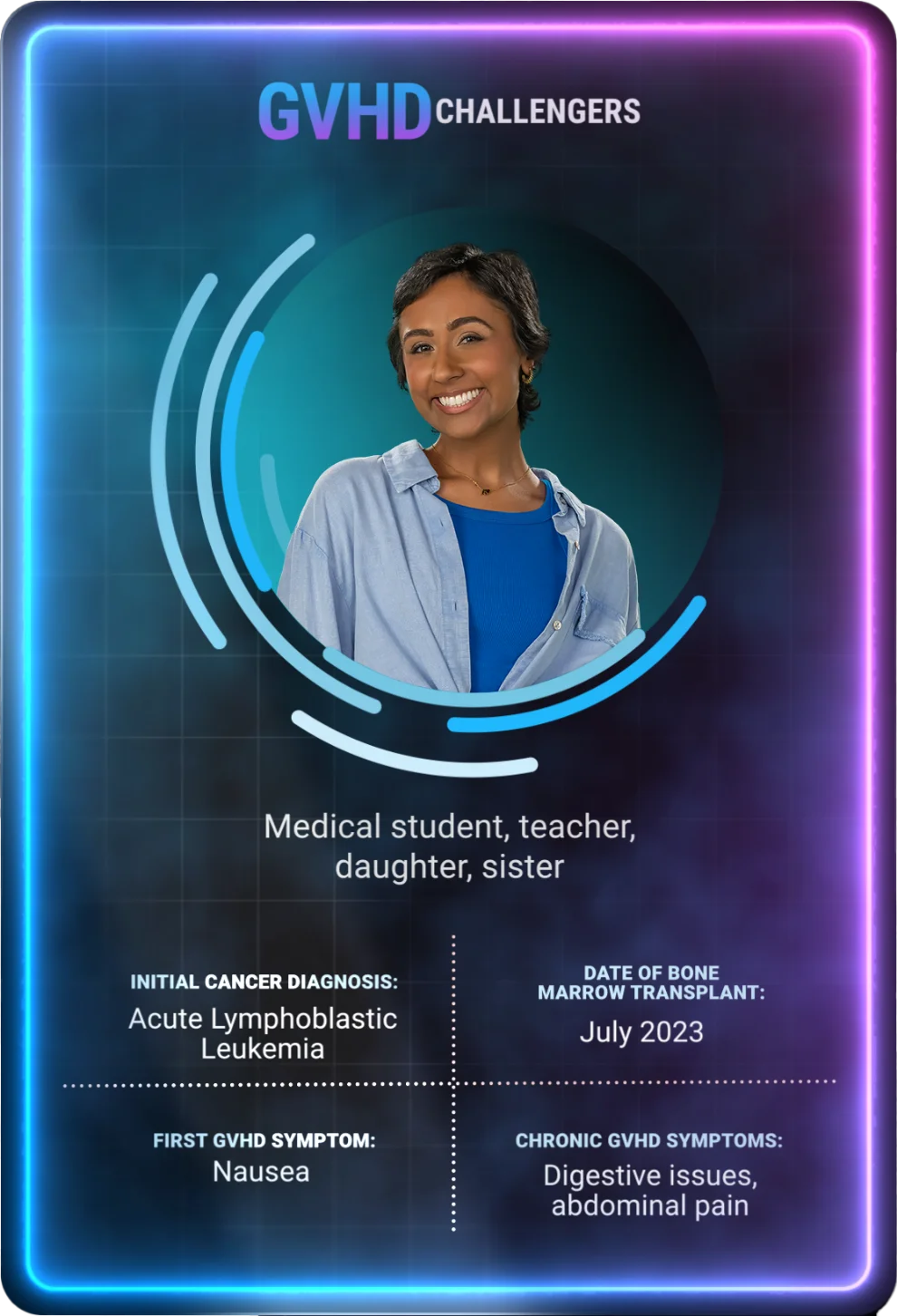 Open video modal and play video: young woman with short hair smiling with hands on hips on GVHD Challengers card.