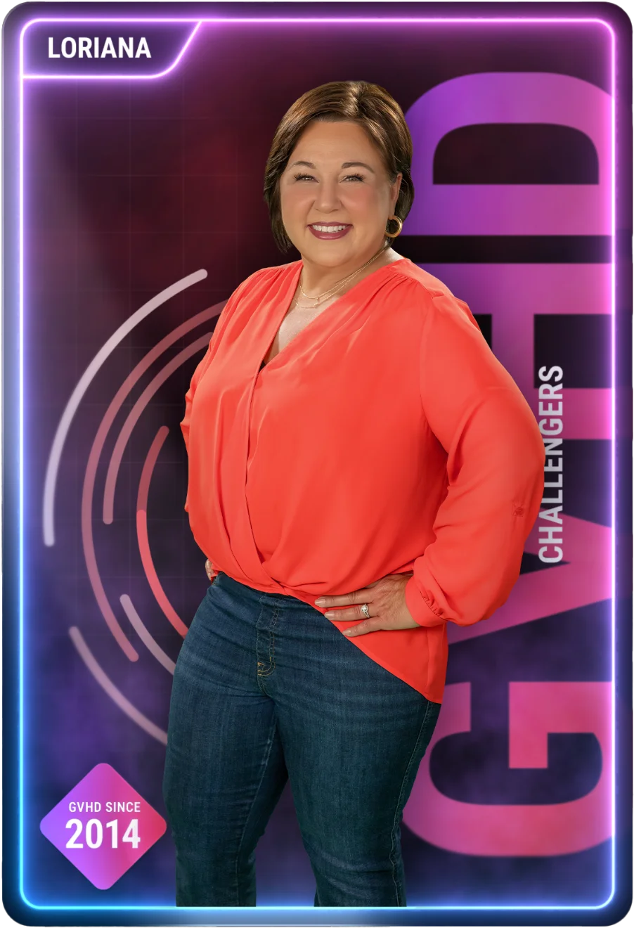 Open patient story: middle-aged woman in coral shirt smiling with hand on hip.