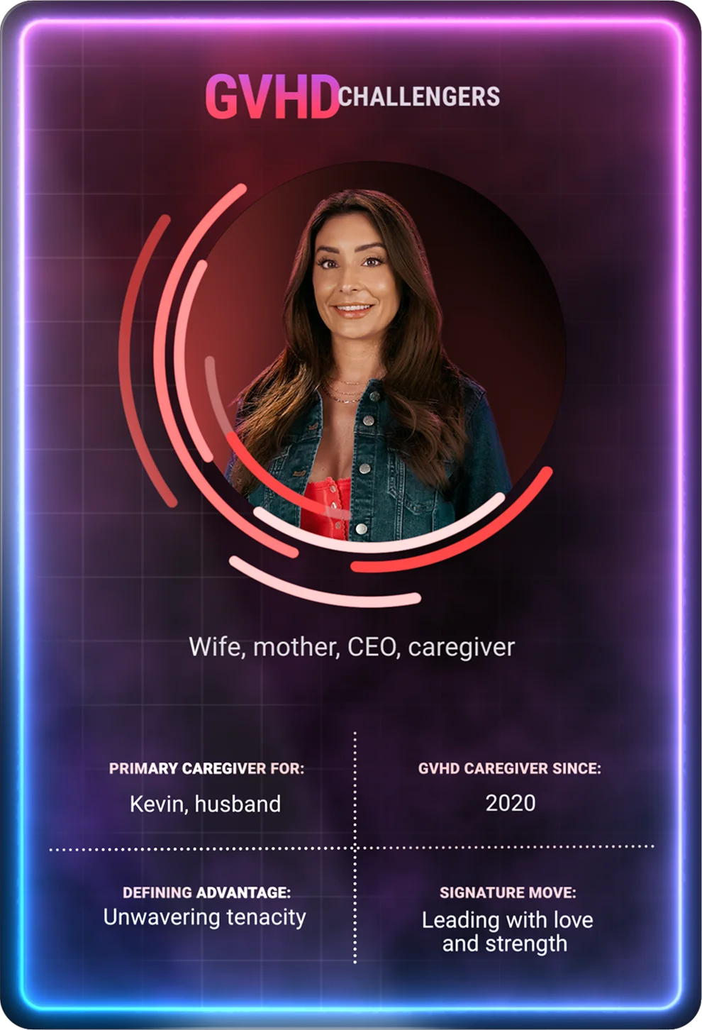 Open video modal and play video: young woman with long brown hair smiling at the camera on GVHD Challengers card.