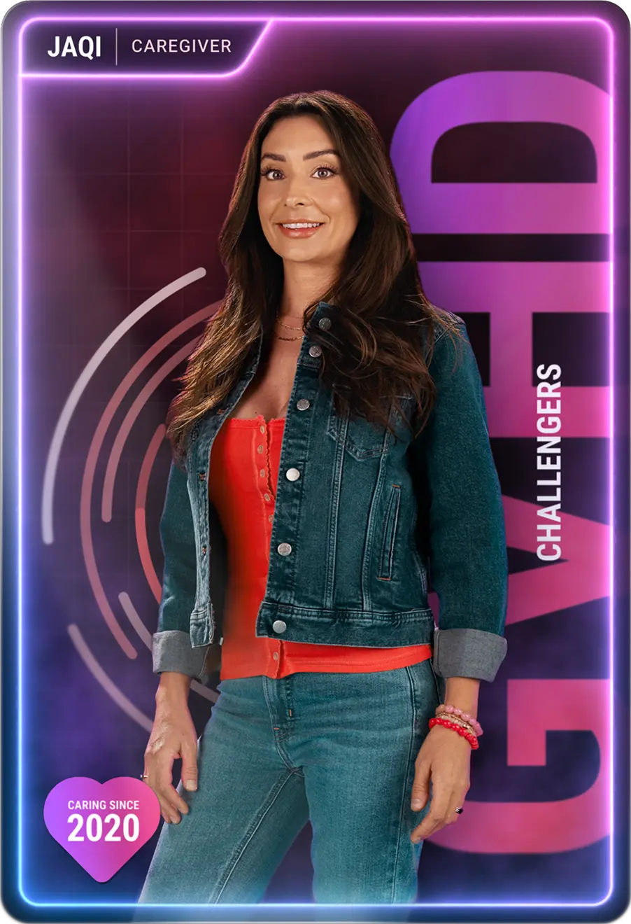 Open patient story: young woman with long hair in red shirt and jeans with hands at sides.