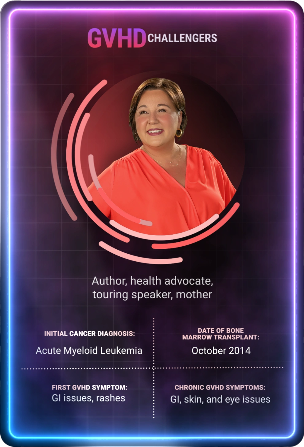 Open video modal and play video: middle-aged woman in coral top smiling on GVHD Challengers card.