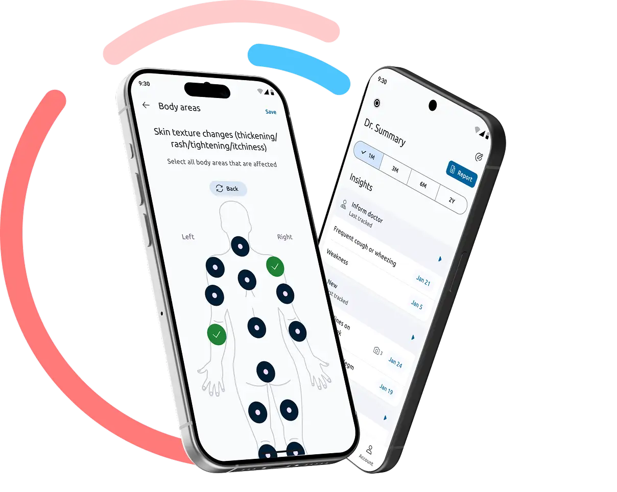 Two smartphones display a symptom-tracking app: a body-area selection screen and a doctor summary dashboard.
