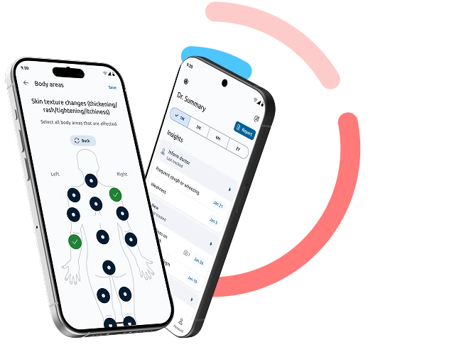 Two smartphones display a symptom-tracking app: a body-area selection screen and a doctor summary dashboard.